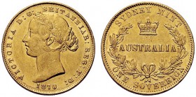 MONETE STRANIERE 
 AUSTRALIA 
 Regina Vittoria, 1837-1901. Sterlina 1870, zecca di Sydney. Au KM#4; Fried. 1.
 q. SPL