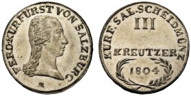 MONETE STRANIERE 
 AUSTRIA 
 Ferdinando I, 1803-1806. 3 Kreuzer 1804, Salisburgo. Mi gr. 1,48. KM#483.
 q. FDC