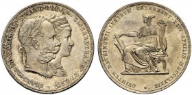 MONETE STRANIERE 
 AUSTRIA 
 Francesco Giuseppe I, 1848-1916. 2 Gulden 1879. Ar gr. 24,65 KM#M5.
 q. FDC Per il 25esimo anniversario di matrimonio.