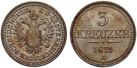 MONETE STRANIERE 
 AUSTRIA 
 Francesco Giuseppe I, 1848-1916. 3 Kreuzer 1851, A. Æ gr. 16,12 KM#2193.
 SPL