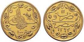 MONETE STRANIERE 
 EGITTO 
 Abdul Hamid II, 1876-1909. 100 Qirsh 1886. Au gr. 8,25 KM#341; Fried. 23.
 Rara. SPL