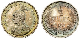 MONETE STRANIERE 
 EST AFRICA - GERMANIA 
 Willhelm II,. 1/2 Rupia 1904, A. Ar gr. 5,81 KM#9.
 Proof