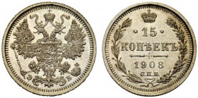 MONETE STRANIERE 
 RUSSIA 
 Nicola II, 1894-1917. 15 Kopeki 1908. Ar gr. 2,65 Y#21a2; Bit. 134.
 FDC