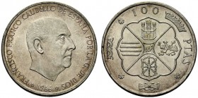 MONETE STRANIERE 
 SPAGNA 
 Generale Franco, 1939-1975. 100 Pesetas 1966 (69). Ar gr. 19,15 KM#797.
 Molto Raro. q. FDC