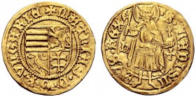 MONETE STRANIERE 
 UNGHERIA 
 Mattia Corvino, 1458-1490. Denaro con Goldgulden. imberbe. Au gr. 3,42 Pohl K3-3b.
 BB