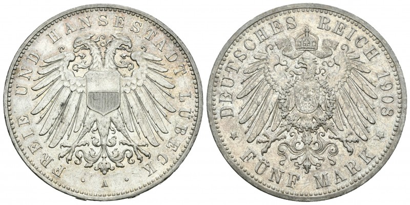 Alemania. Lübeck. 5 francos. 1908. Berlín. A. (Km-213). Ag. 27,80 g. Se acuñaron...