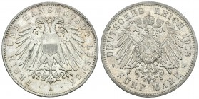 Alemania. Lübeck. 5 francos. 1908. Berlín. A. (Km-213). Ag. 27,80 g. Se acuñaron sólamente 10.000 piezas. Parte de brillo original. EBC+/SC-. Est...45...