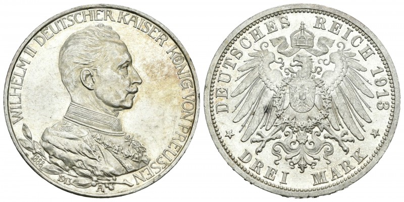 Alemania. Prussia. Wilhelm II. 3 marcos. 1913. (Km-535). Ag. 16,66 g. Brillo ori...