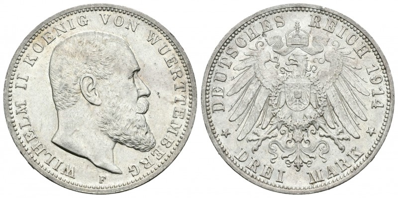 Alemania. Wurttemberg. Wilhelm II. 3 marcos. 1914. Frankfurt. F. (Km-635). Ag. 1...