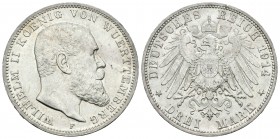 Alemania. Wurttemberg. Wilhelm II. 3 marcos. 1914. Frankfurt. F. (Km-635). Ag. 16,62 g. EBC/EBC+. Est...60,00.