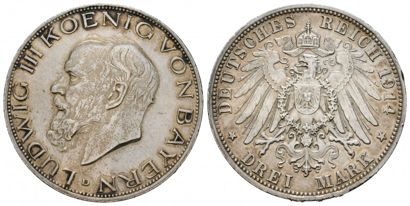 Alemania. Bavaria. Ludwig III. 3 marcos. 1914. Munich. D. (Km-1005). Ag. 16,61 g...