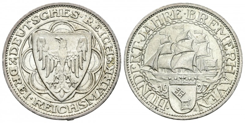 Alemania. Wiemar Republic. 3 reichsmark. 1927. (Km-50). Ag. 14,96 g. Bremerhaven...