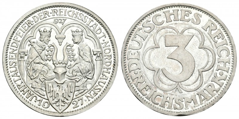 Alemania. Wiemar Republic. 3 reichsmark. 1927. (Km-52). Ag. 14,90 g. Nordhausen ...