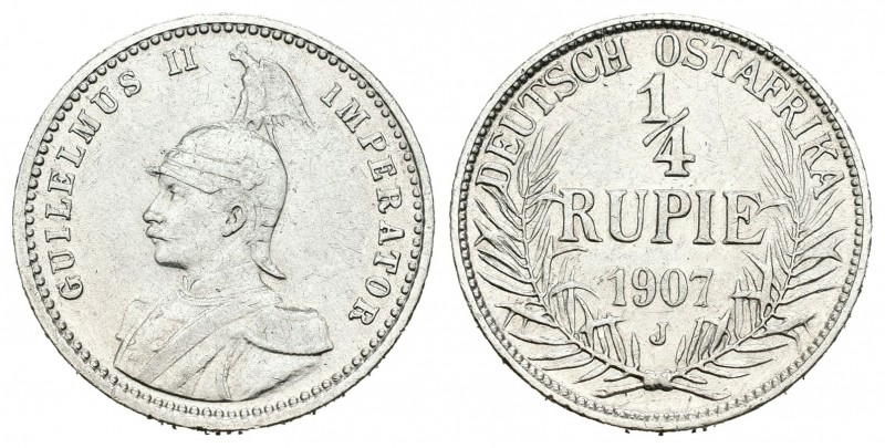 Africa Alemana del Este. Wilhelm II. 1/4 rupia. 1907. Hamburgo. J. (Km-8). Ag. 2...