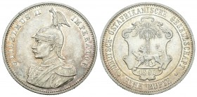 África Alemana Este. Wilhelm II. 1 rupia. 1890. (Km-2). Ag. 11,66 g. Bonito tono. Brillo original. EBC+. Est...400,00.