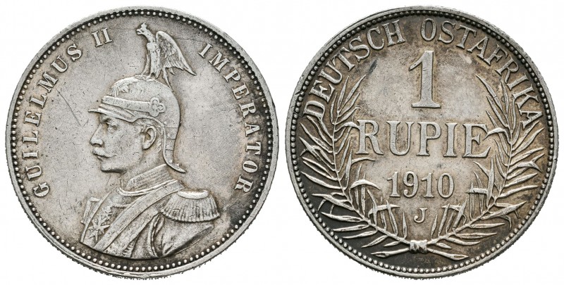 Africa Alemana. Wilhelm II. 1 rupia. 1910. Hamburgo. J. (Km-10). Ag. 11,63 g. Es...