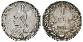 Africa Alemana. Wilhelm II. 1 rupia. 1910. Hamburgo. J. (Km-10). Ag. 11,63 g. Escasa. EBC. Est...90,00.