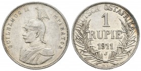Africa Alemania del Este. Wilhelm II. 1 rupia. 1911. Hamburgo. J. (Km-10). Ag. 11,62 g. EBC-/EBC. Est...60,00.