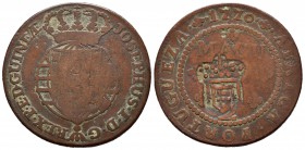 Angola Portuguesa. José I. 1/2 macuta. 1770. (Km-11 variante). (Gomes-07.03 variante). Ae. 18,06 g. Resello de acuerdo con el real decreto de 1837 par...