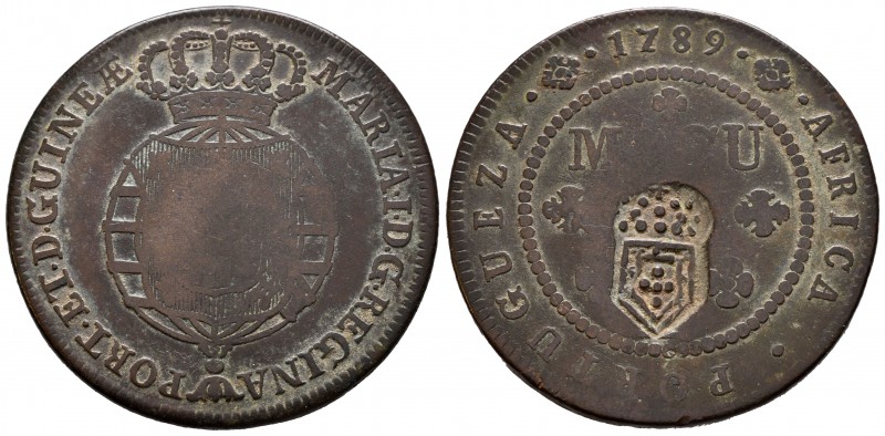 Angola Portuguesa. María I. 1 macuta. 1789. (Km-20). Ae. 35,43 g. Resello de acu...