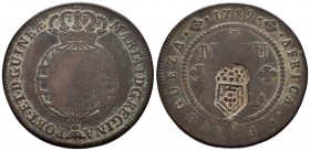Angola Portuguesa. María I. 1 macuta. 1789. (Km-20). Ae. 35,43 g. Resello de acuerdo con el real decreto de 1837 para circular por el doble de su valo...