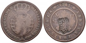 Angola Portuguesa. Maria I. 2 macutas. 1785. (Km-20). Ae. 36,90 g. Resello de acuerdo con el real decreto de 1837 sobre 1 macuta para circular por el ...