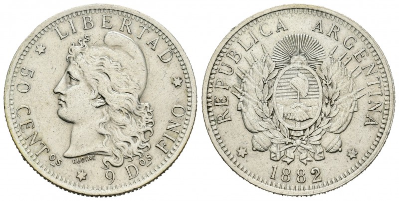 Argentina. 50 centavos. 1882. (Km-28). Ag. 12,46 g. Ligeramente limpiada. EBC-. ...