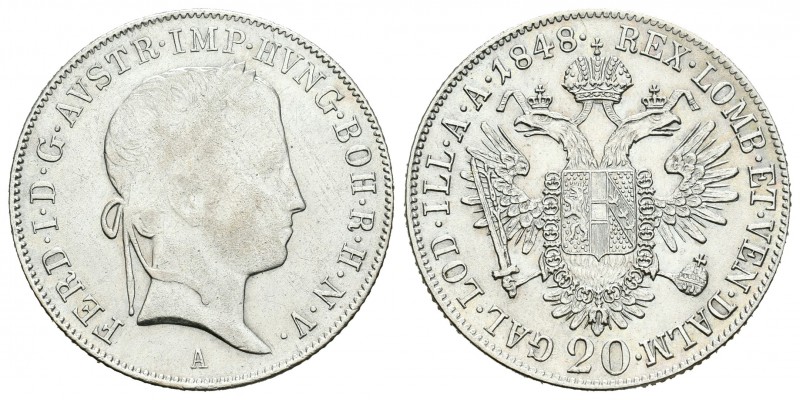 Austria. Ferdinand I. 20 kreuzer. 1848. Austria. A. (Km-2208). Ag. 6,68 g. BC+/E...