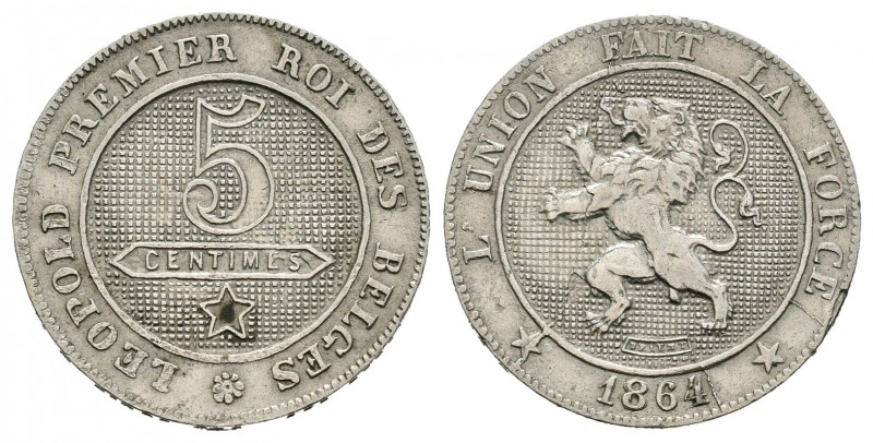 Bélgica. Leopold I. 5 centimos. 1864. (Km-21). Cu-Ni. 3,00 g.  Pequeño golpe en ...