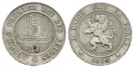 Bélgica. Leopold I. 5 centimos. 1864. (Km-21). Cu-Ni. 3,00 g.  Pequeño golpe en canto. EBC-. Est...50,00.