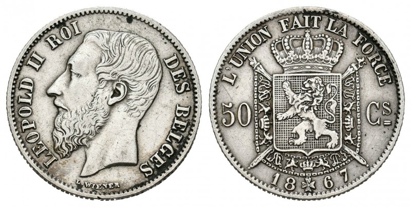Bélgica. Leopold II. 50 céntimos. 1867. (Km-26). Ag. 2,48 g. MBC+. Est...90,00....
