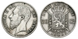 Bélgica. Leopold II. 50 céntimos. 1867. (Km-26). Ag. 2,48 g. MBC+. Est...90,00.