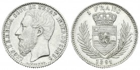 Bélgica. Leopold II. 1 franco. 1891. (Km-6). Ag. 4,97 g. EBC-. Est...60,00.