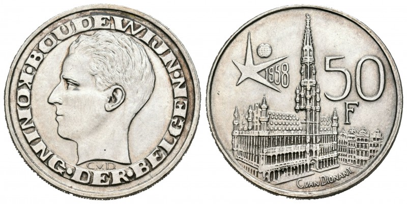 Bélgica. Baduino I. 50 francos. 1958. C. Van Dionant. (Km-151.1). Ag. 12,41 g. L...