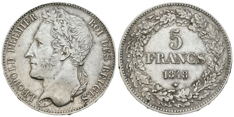 Bélgica. Leopold I. 5 francos. 1848. (Km-3.2). Ag. 24,99 g. Dos golpecitos en el...