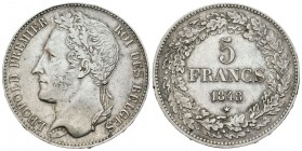 Bélgica. Leopold I. 5 francos. 1848. (Km-3.2). Ag. 24,99 g. Dos golpecitos en el canto. MBC+. Est...50,00.