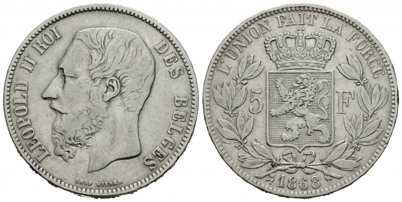 Bélgica. Leopold II. 5 francos. 1868. (Km-24). Ag. 24,68 g. BC+. Est...20,00.