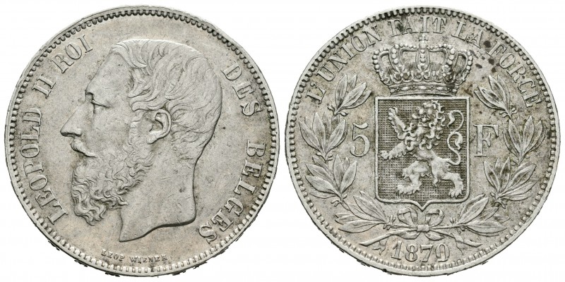 Bélgica. Leopold II. 5 francos. 1870. (Km-24). Ag. 24,90 g. Golpeito en el canto...