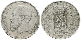 Bélgica. Leopold II. 5 francos. 1870. (Km-24). Ag. 24,90 g. Golpeito en el canto. MBC-. Est...20,00.