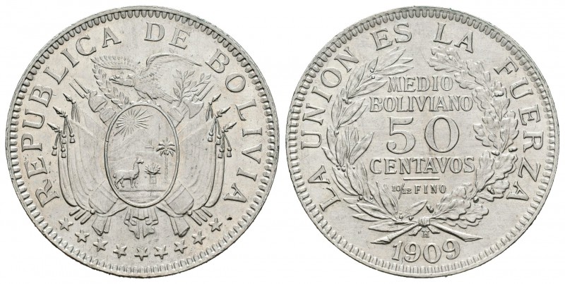 Bolivia. 50 centavos. 1909. Heaton. H. (Km-177). Ag. 10,01 g. SC-. Est...35,00.