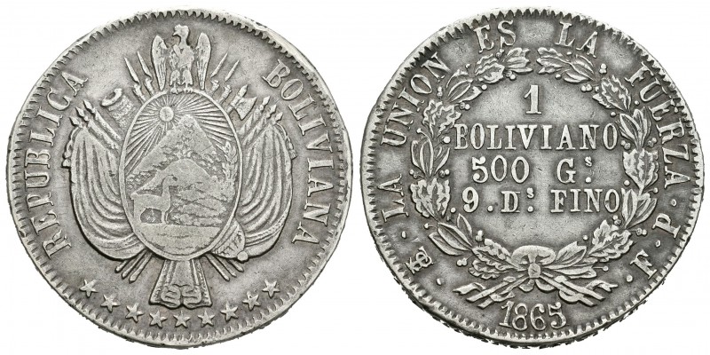 Bolivia. 1 boliviano. 1865/1. Potosí. FP. (Km-152.1). Ag. 24,63 g. Clara sobrefe...