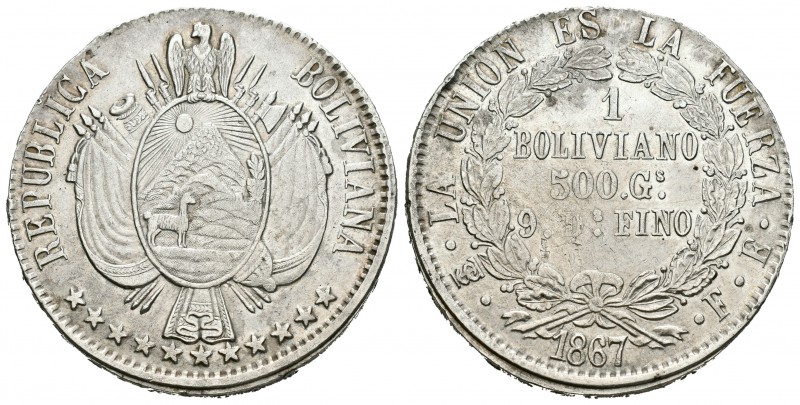 Bolivia. 1 boliviano. 1867. Potosí. FE. (Km-15.2). Ag. 24,69 g. EBC-. Est...90,0...