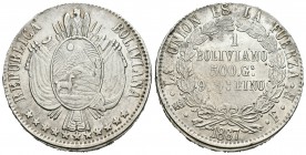 Bolivia. 1 boliviano. 1867. Potosí. FE. (Km-15.2). Ag. 24,69 g. EBC-. Est...90,00.