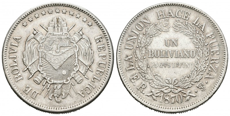 Bolivia. 1 boliviano. 1870. Potosí. ER. (Km-155.3). Ag. 24,86 g. EBC-. Est...40,...