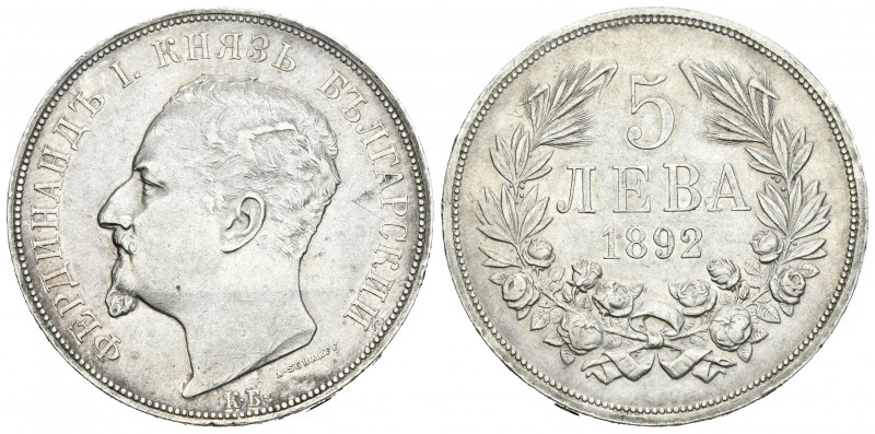 Bulgaria. Ferdinand I. 5 leva. 1892. (Km-15). Ag. 24,94 g. EBC/EBC+. Est...75,00...