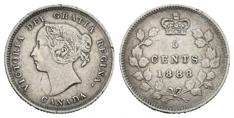 Canadá. Victoria. 5 cents. 1888. (Km-2). Ag. 1,15 g. MBC+. Est...30,00.