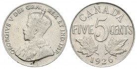 Canadá. George V. 5 cents. 1926. (Cal-29). Ag. 4,55 g. El 6 de la fecha desplazado. Escasa. MBC/MBC+. Est...100,00.