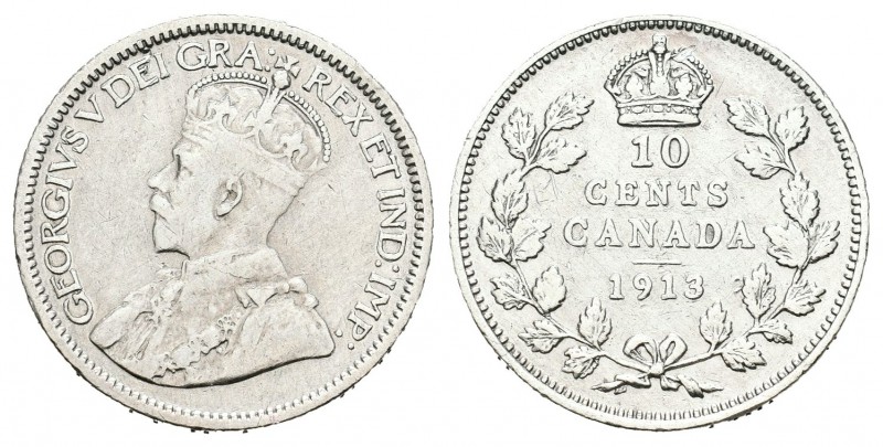 Canadá. George V. 10 cents. 1913. Ottawa. (Km-23). Ag. 2,28 g. Hojas pequeñas. R...