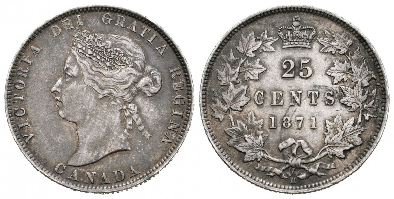 Canadá. Victoria. 25 cents. 1871. Heaton. H. (Km-5). Ag. 5,81 g. Tono. Muy escas...