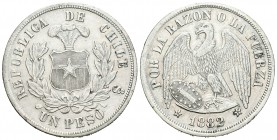 Chile. 1 peso. 1882/1. Santiago. (Km-142.1). Ag. 25,04 g. Golpecito en canto. EBC-. Est...40,00.